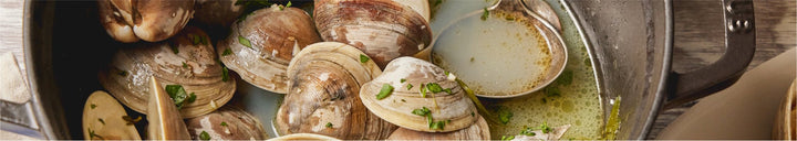 Cooked clams in sauce in pot