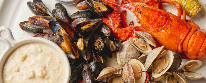 Plate of seafood with whole lobster, clams, mussels, and a cup of clam chowder
